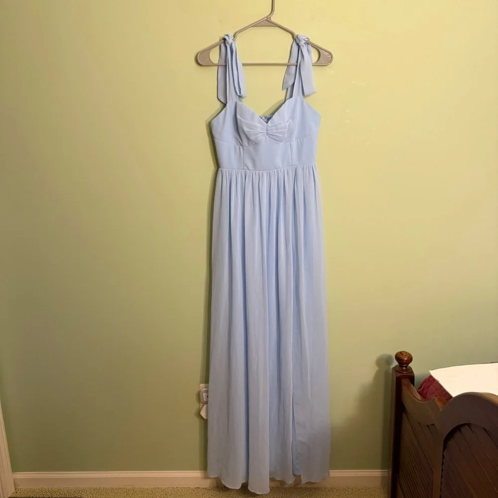 Lulus full length dress light blue size S sleeveless slit straps bows formal
